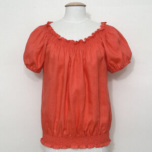 Neiman Marcus Exclusive Womens Top 10 Coral Linen Peasant Beachy Cottagecore‎